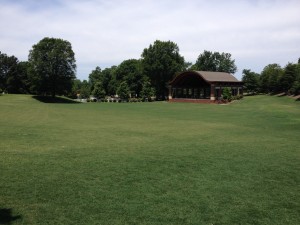 The field in front of the amphitheater is well-maintained by the Kannapolis Parks and Recreation Department.